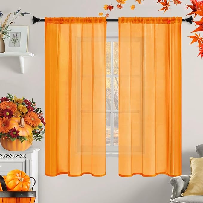 Sheer Curtains 72 Inches Long 2 Panels, Rod Pocket Short Curtain for Kitchen, Bedroom, Cafe Window(Orange 38" W x 72" L)