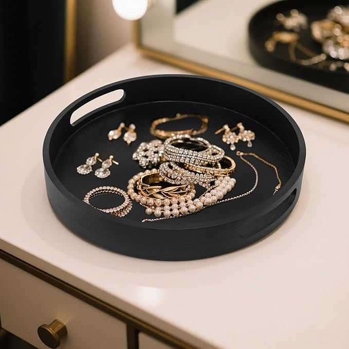 Round Decorative Tray,Wooden Serving Tray with Handles, 11.8in Black Decorative Trays for Coffee Table,Kitchen Counter,bandejas decorativas