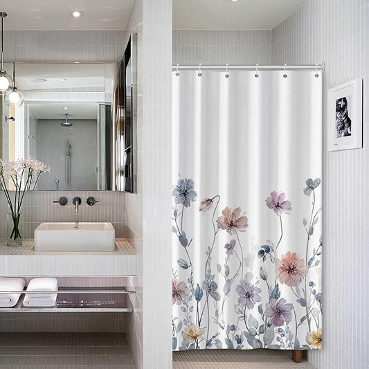 AWERT Wildflower Stall Shower Curtain for Bathroom Watercolor Floral Half Size Shower Curtain with Hooks Waterproof Flower Printing Fabric Bathroom 36x72inch