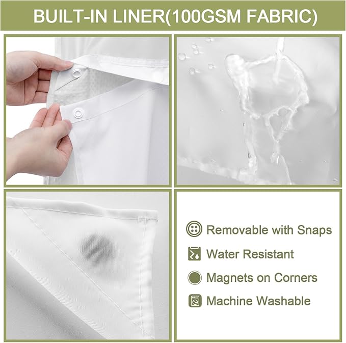 YellyHommy Waterproof Fabric Snap in Shower Curtain Liner Replacement with 2 Magnets71 W x 55" L for 72" W x 75" L No Hook Shower Curtain - Removable & Detachable to Wash 2PCS