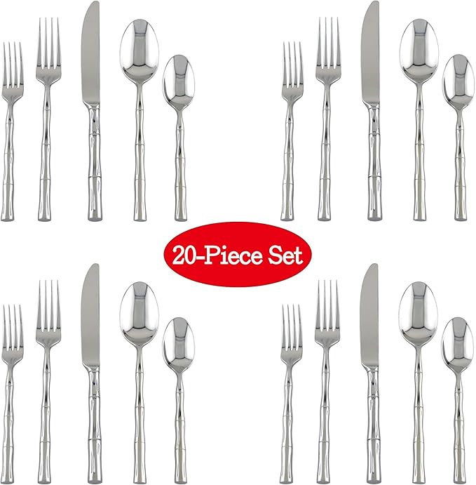 Supreme Housewares 20-Piece Bamboo Shaped Flatware Set, 18/8 Stainless Steel Silverware Cutlery Set, Service for 4, Mirror Polished, Dishwasher Safe (Bamboo)