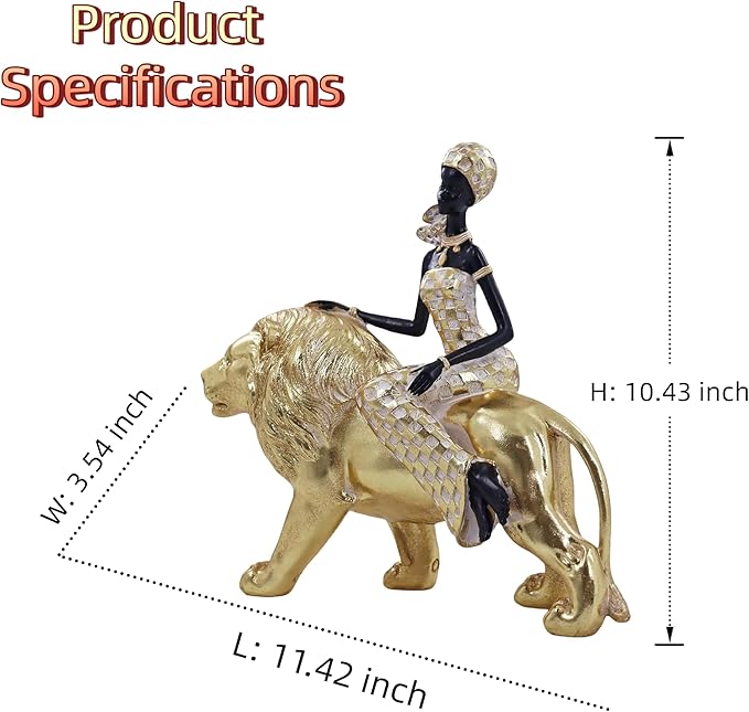African Woman Riding Lion Statue – Gold Resin Sculpture for Home Decor, African Queen Figurine with Tribal Pattern, Cultural Art Decor for Living Room, Shelf, Office, or Gift