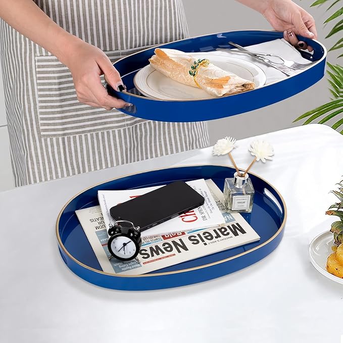 MAONAME Blue Serving Trays with Handles, Oval Decorative Tray for Coffee Table, Nesting Trays Set of 2, Plastic Vanity Tray for Ottoman, Living Room