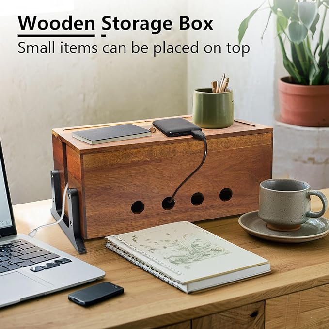 Large Cable Management Box, Wood Cord Hider Box & Organizer for Power Strip Hider Cable Storage for Office, TV Wires, Desk Cord Organizer, Vintage Walnut (14.1" x 6" x 6.3")