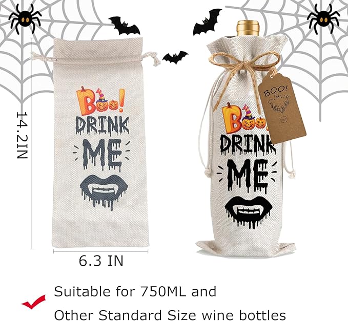 1Pcs Drink Me Gifts Wine Bag, Happy Halloween Wine Bag Halloween Party Decorations with 1Pcs Kraft Blessing Cards and natural jute rope