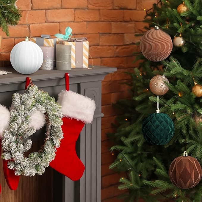 4 Pcs 4 Inch Large Velvet Christmas Ball Ornaments Vintage Christmas Plastic Ball Ornaments Flocked Tree Hanging Decoration for Xmas Party Wedding Home Decor(Brown Green White)