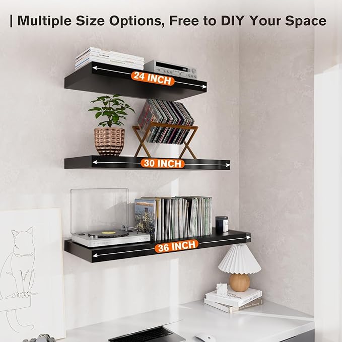 Floating Shelf, Set of 3 Wall Shelf, 24 in W x 12.75 in D x 2 in H Wooden Floating Wall Shelf with Invisible Brackets for Living Room/Bedroom/Bathroom/Kitchen Storage and Decor, Black