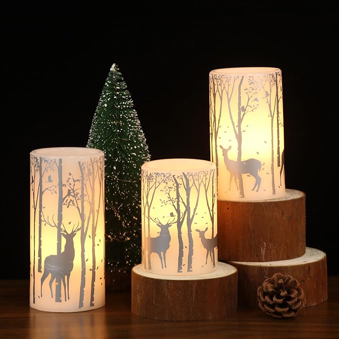 DRomance Silver Deer Flameless Flickering Candles Battery Operated with 6H Timer, 3 Pack Real Wax Warm Light LED Pillar Candles Dinner Tabletop Holiday Centerpiece Decor 3" x 6"