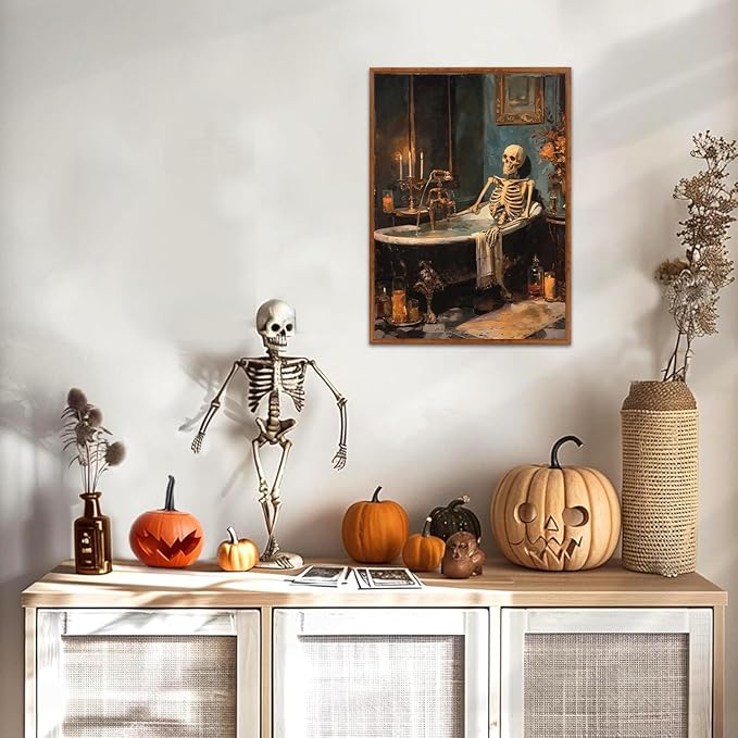 LHIUEM 12”X16”Halloween Goth Skull Framed Wall Art Vintage Skeleton Canvas Decor Unique Soaking Bones Shower Wall Art Spooky Halloween Gothic Picture Moody Skeleton Bathtub Decor for Bathroom Toilet
