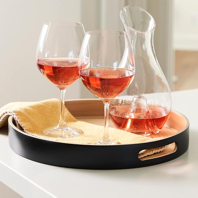 Decorative Tray for Coffee Table, Ottoman Tray, Round Wooden Serving Tray, Coffee Table Tray Decor, 13.75 in (Black)