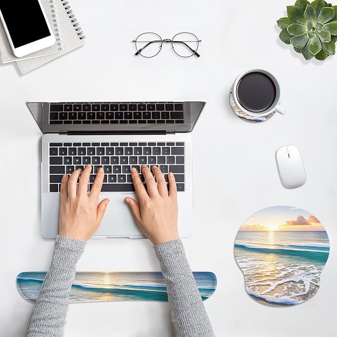 Britimes Summer Beach Sun Mouse Pad 3pcs Set with Wrist Support Non-Slip Rubber Base Ergonomic Pad,Sea Sunset Mouse Wrist Cushion Support and Coasters for Home Office Gaming Easy Typing & Pain Relief