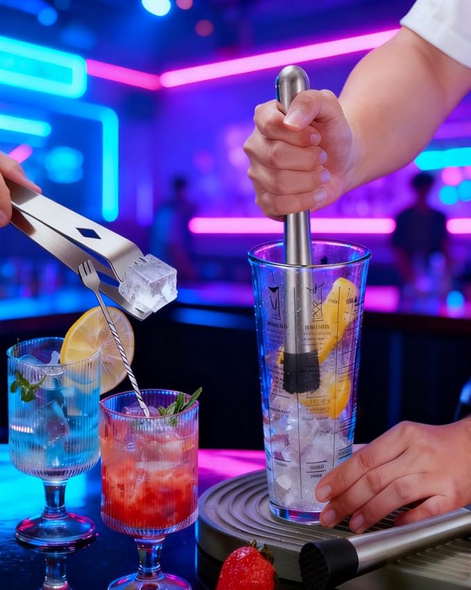 Muddler for Cocktails, Bar Tool Kit with Muddler,3 Long Handle Bar Cocktail Mixing Spoon and 1 Tong Food Ice Sugar Tong Stainless Steel Stirrer, Bar Accessories Tools for Mojitos Fruit Drinks