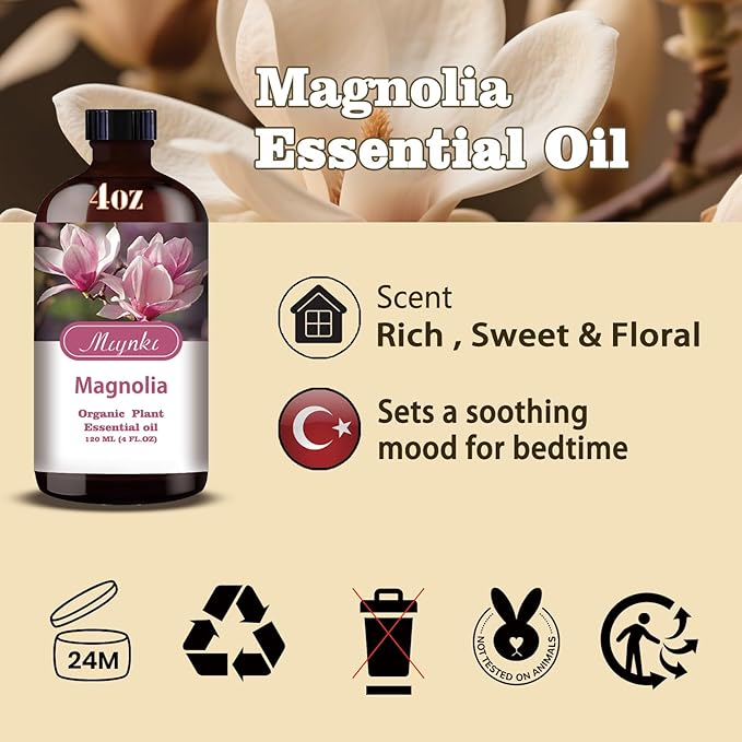 Magnolia Fragrance Oil-Magnolia Essential Oil 4.33oz (130ml)-100% Pure Natural Scent for Diffusers, Candles, Soap Making & Aromatherapy-Relaxing Home & Gift Essential Oil for Bath, Massage