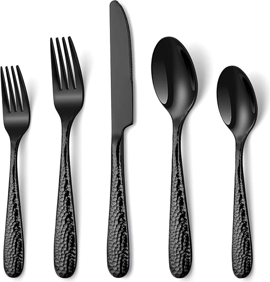 Hammered Black Silverware Set, EUIRIO 30-Piece Cutlery Set for 6, Heavy Duty Stainless Steel Flatware Set, Food-Grade Utensil Sets Includes Spoons Forks and Knives, Mirror Finish Dishwasher Safe