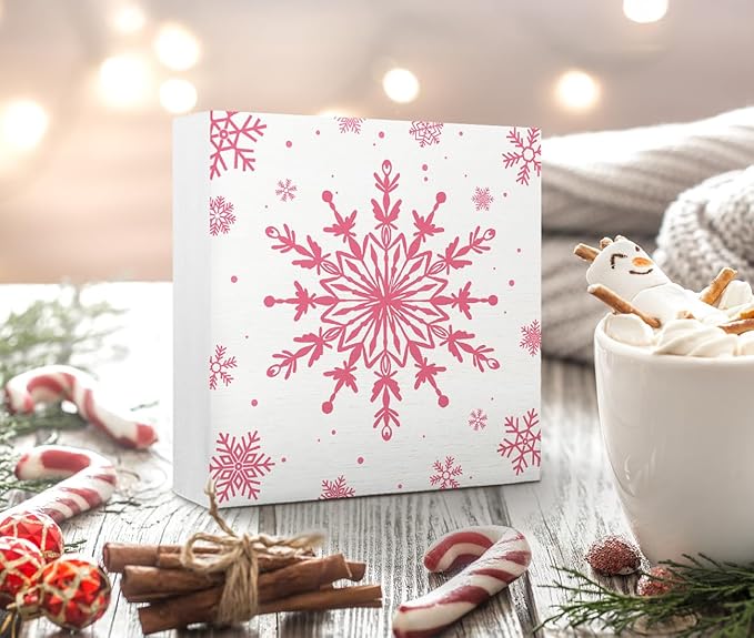 EIONEY Pink Snowflake Wood Box Sign,Christmas Decorations,Winter Christmas Desk Accessories Decor Wooden Block Signs,Seasonal Winter Holiday for Home Bedroom Living Room Office Decor,5x5 Inch