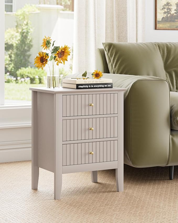 Night Stand, Fluted Nightstand Bedside Tall Farmhouse Nightstand with 3 Drawers, Mid Century Modern Side Accent Table,Bedside End Table for Bedroom, Living Room, Khaki