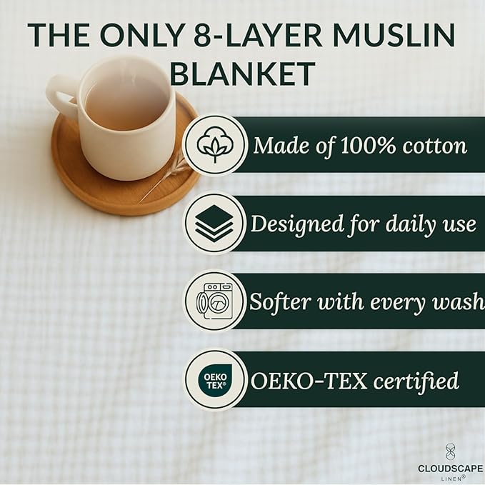 Cloud Scape Linen Extra Large 8-Layer Muslin Throw Blanket, 100% Cotton Gauze Blanket for Couch, Sofa, Bed, Lightweight, Suitable for All Season,50x70, White