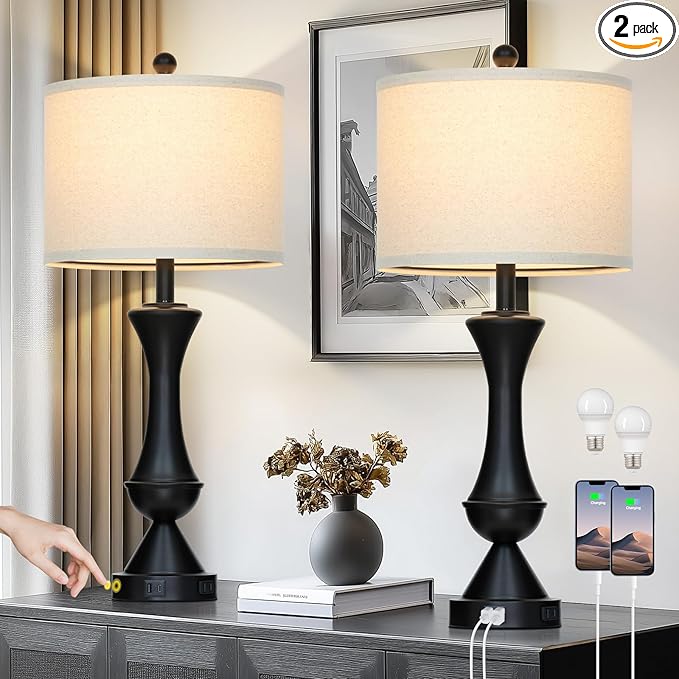 29" Black Tall Table Lamps for Living Room, Touch Control Bedroom Lamp with USB A+C Ports, 3-Way Dimmable Bedside Table Lamps Set of 2, Modern Metal Lamp for Nightstand