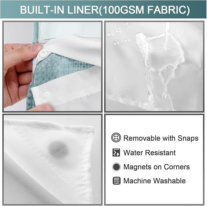 YellyHommy No Hook Shower Curtain with Snap in Liner Set Less Time Waffle Shower Curtain for Bathroom 75" L x 72" W Cyan