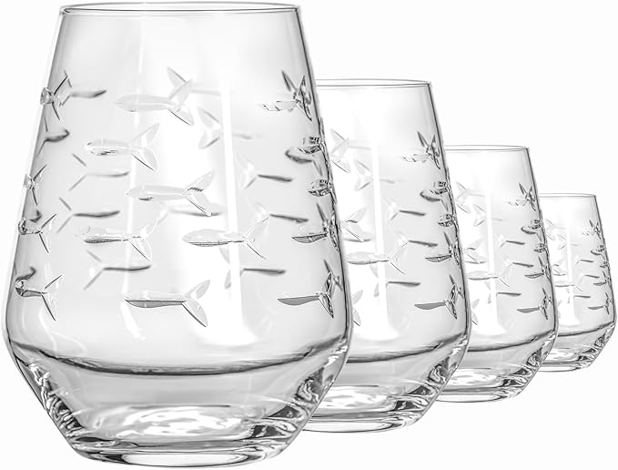 Rolf Glass | School of Fish Stemless Tumbler | Stemless Wine Glasses 18oz | Lead-Free Glass | Engraved and polished in Pennsylvania | US made (Set of 4)