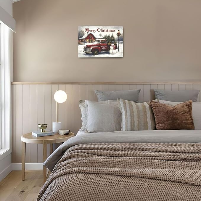 Christmas Pick-Up Truck Wall Art Christmas Tree Canvas Wall Decor Farm Barn Pictures Paintings Prints Snowman Artwork Framed Winter Holidays Decorations For Bathroom Bedroom Living Room Office Gifts 24" x 16"