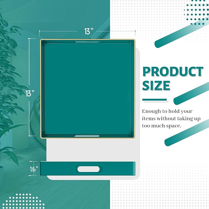 MAONAME Decorative Tray, Green Serving Tray with Handles, Coffee Table Tray, Square Plastic Tray for Ottoman, Bathroom, Kitchen, 13"x13"x1.57"