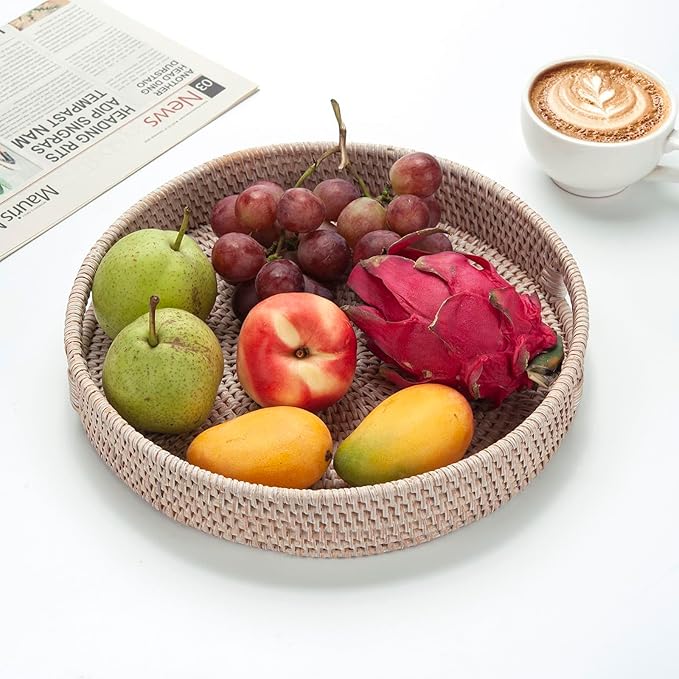 14.2" Round Rattan Tray, Hand Woven Serving Tray with Handles, Wicker Serving Basket, Decorative Tray for Home Decor, Whitewash
