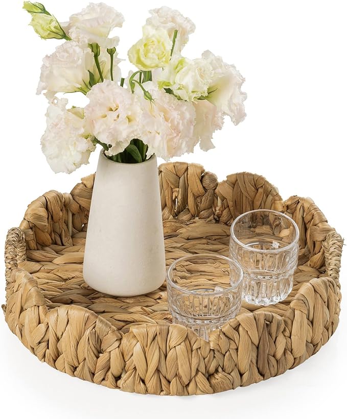 Round Wicker Scalloped Serving Tray with Handles - Seagrass Handwoven Trays,Water Hyacinth Tray for Home Decor and Living Room, Dining Table, Bathroom Organizing, 12.9" L x 12.9" W x 3.5" H