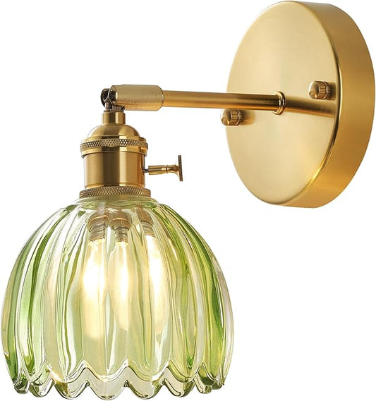 Plug in and Hardwired Wall Sconces, Luxury Vintage Tulip Crystal Glass Shade Wall Light with Switch for Bedside Bedroom Living Room (Tulip-Green, 1)
