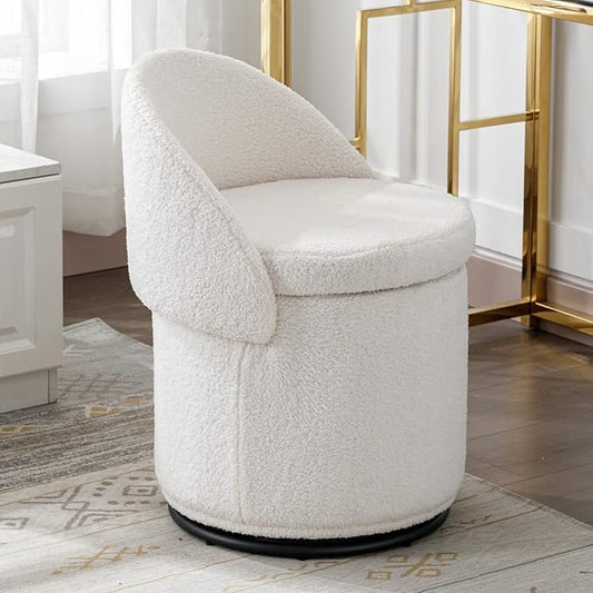 LukeAlon Sherpa Makeup Ottoman with Storage, Upholstered 360° Swivel Vanity Stool with Foldable Backrest Modern Cylindrical Footrest Stool for Living Room Bedroom, White