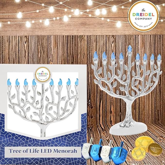 The Dreidel Company LED Electric Silver Hanukkah Tree of Life Menorah - Battery or USB Powered - Includes a Micro USB 4' Charging Cable (Single)