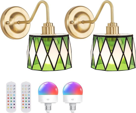 Vintage Battery Operated Wall Sconce Set of 2, 5000mAh Rechargeable Wall Lamp 12 RGB Colors Dimmable, Gold Lights Fixture for Bedroom Bathroom Living Room Hallway Clear Green Checker
