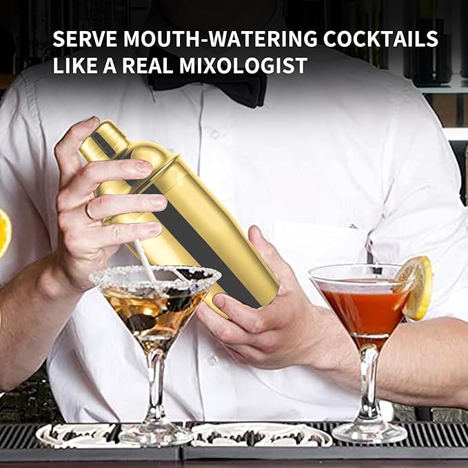 24oz Cocktail Shaker Bar Set, Martini Shaker with Built-in Strainer, Measuring Jigger, Mixing Spoon, Professional Stainless Steel Large Bartender Drink Shaker Margarita Alcohol Mixer-Gold