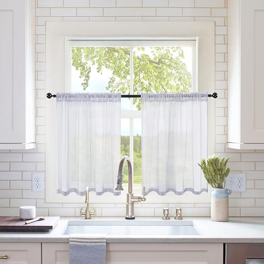 MIULEE 2 Panels Kitchen Tiers Half Window Sheer Curtains Rod Pocket Translucent Voile Drapes for Kitchen Bathroom Small Windows 29 by 36 Inch Greyish Lilac