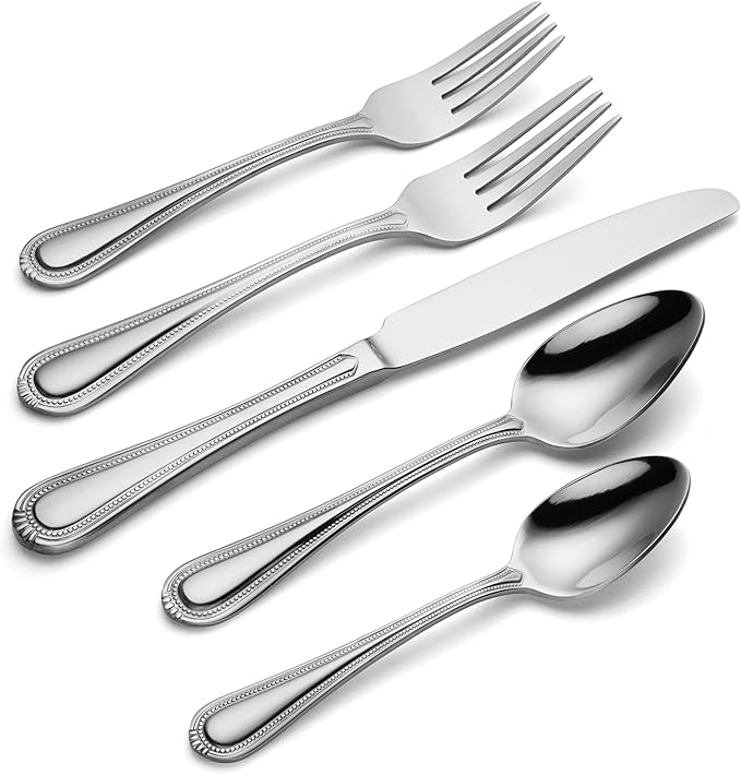 Oneida Silverware Set For 8, Countess 45-Piece Everyday Flatware Set with Serving Utensils, Service For 8, Bead Pearl, 18/0 Stainless Steel, Dishwasher Safe,Knives Spoons & Forks Set (Silver 45 Piece)