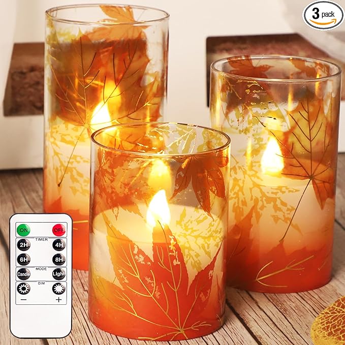 Fall Flameless Candles with Remote Timer Thanksgiving Gift Battery Operated LED Realistic Wax Glass Candles Gold-Red Maple Leaves Decor for Bedroom Home Table Ornament