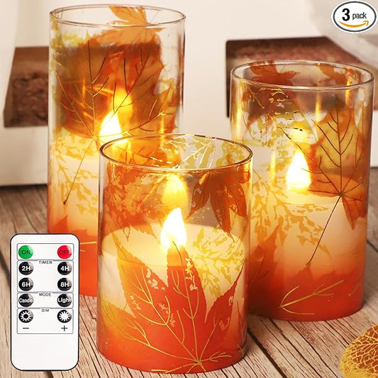 Fall Flameless Candles with Remote Timer Thanksgiving Gift Battery Operated LED Realistic Wax Glass Candles Gold-Red Maple Leaves Decor for Bedroom Home Table Ornament