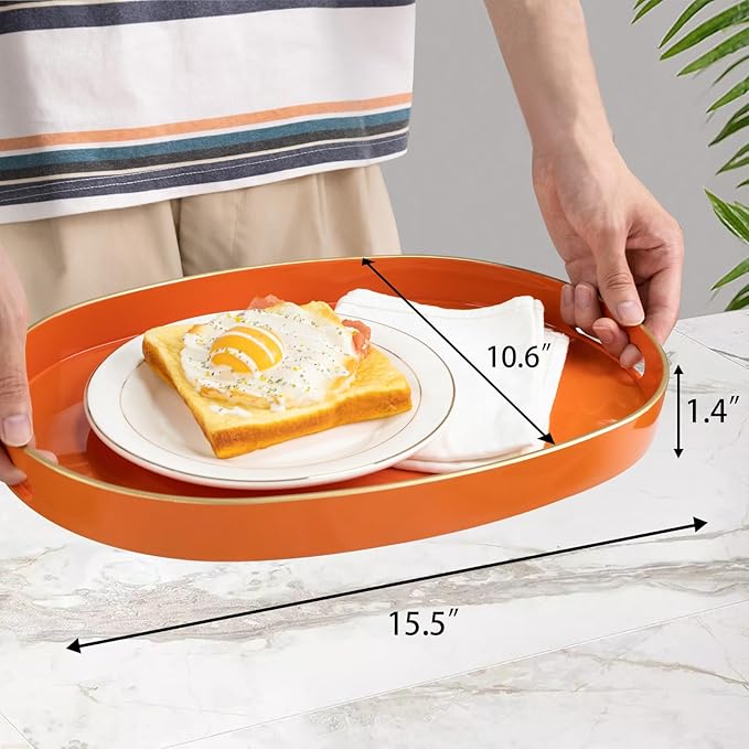 MAONAME Orange Decorative Tray, Oval Serving Tray with Handles, Plastic Tray for Coffee Table, Ottoman Trays for Living Room, Bathroom, 15.6" X 10.6" X 1.4"