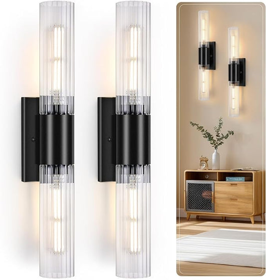 Wall Sconces Set of Two - Black Bathroom Sconces Wall Lighting with Threaded Glass Wall Lighting Fixtures Mounted Lamps for Bedroom, Bathroom, Living Room, Hallway (Black Water Pattern)