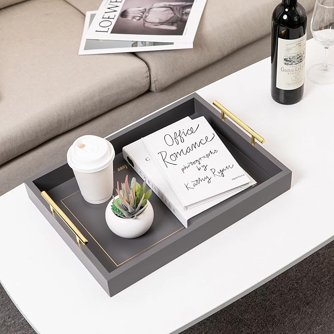 Decorative Coffee Table Ottoman Trays Modern Wood Elegant 16"x12" Rectangle Glossy Shagreen Serving Trays with Gold Metal Handles -Drinks, Liquor Serving Platter for All Occasion's (Grey)