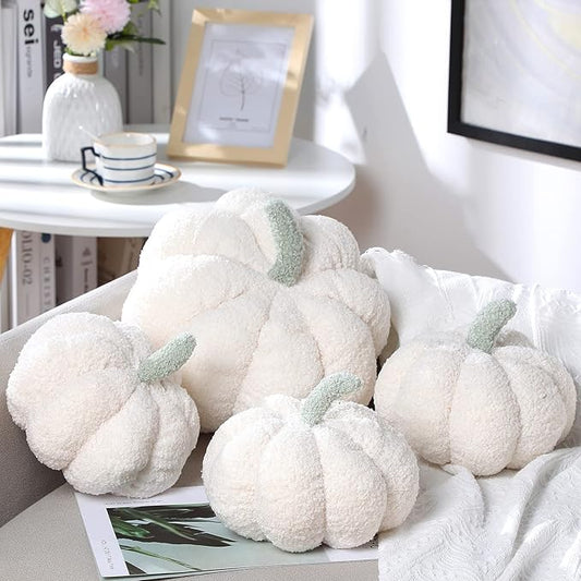 Kajaia 4 Pcs Fall Decor Pumpkin Throw Pillow Fall Pillow 11 Inches 7 Inches 3D Cushion Thanksgiving Sherpa Plush Fluffy Stuffed for Autumn Halloween Christmas Home Sofa(White)