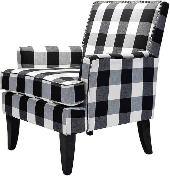 HULALA HOME Modern Accent Chair with Arms and Wooden Legs, Buffalo Plaid Accent Chair Armchair High Back Rest, Padded Armrest and Comfortable Cushioned Seat for Living Room (Buffalo Black)