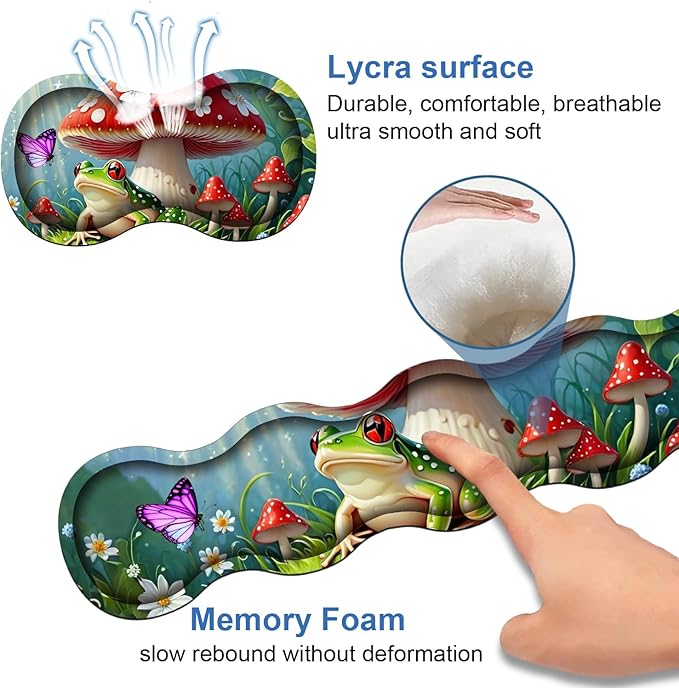 4 in 1 Ergonomic Memory Foam Mouse Pad Wrist Rest Set, Large XXL Gaming Desk Pad + Keyboard Wrist Rest + Mouse Wrist Cushion + Coaster for Home Office Study Gaming, Frog Mushroom Butterfly