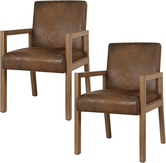 Bekrvio Dining Chairs Upholstered Dining Chairs with Arms, Mid Century Modern Accent Chairs for Living Room Arm Chairs with Wood Frame (2, Brown with Wood Arms)