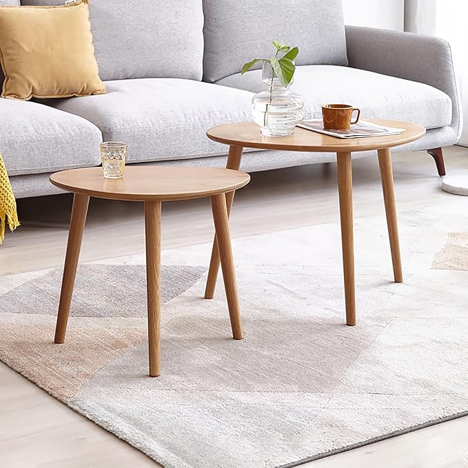 100% Solid Oak Wood Nesting Coffee Table, Small Oval Coffee Tables Set, Mid Century Modern Round Tables for Living Room, Pebble Side Table for Balcony (Nature, Combine)