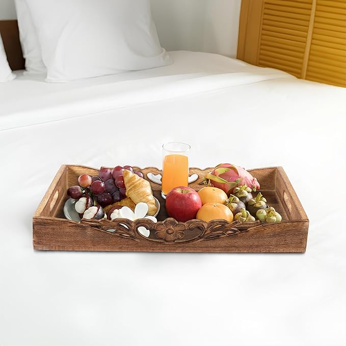 Mela Artisans Orchid Design Wooden Decorative Tray with Handles | 16x12x2.5 Mango Wood Ottoman Tray | for Kitchen Countertop | Coffee Table | Snacks | Desserts | Breads | Bedroom Decor