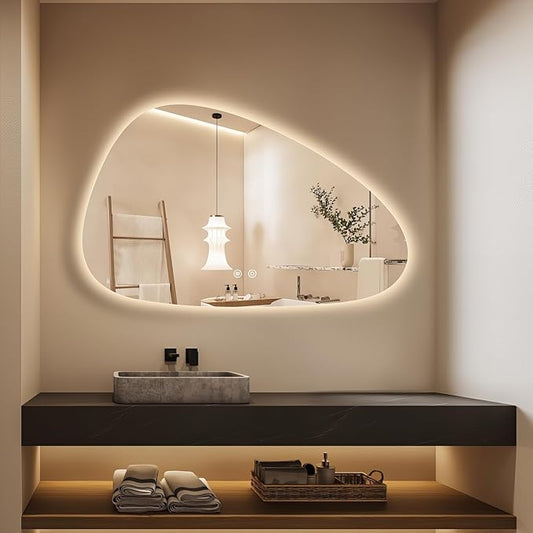 Niccy Irregular LED Bathroom Mirror, 24"x40" Asymmetrical Backlit Vanity Wall Mirrors, Frameless Lighted Mirrors for Bedroom, Living Room, Modern Smart-Mirror with Anti-Fog, Dimmable, Memory Function