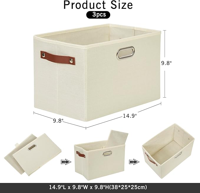 Large 3-Pack Foldable Fabric Storage Bins with Durable PU & Metal Handles, Collapsible Storage Baskets for Shelves, Home Storage, Closet Organizers, Living Room(14.9"x9.8"x9.8", Beige)