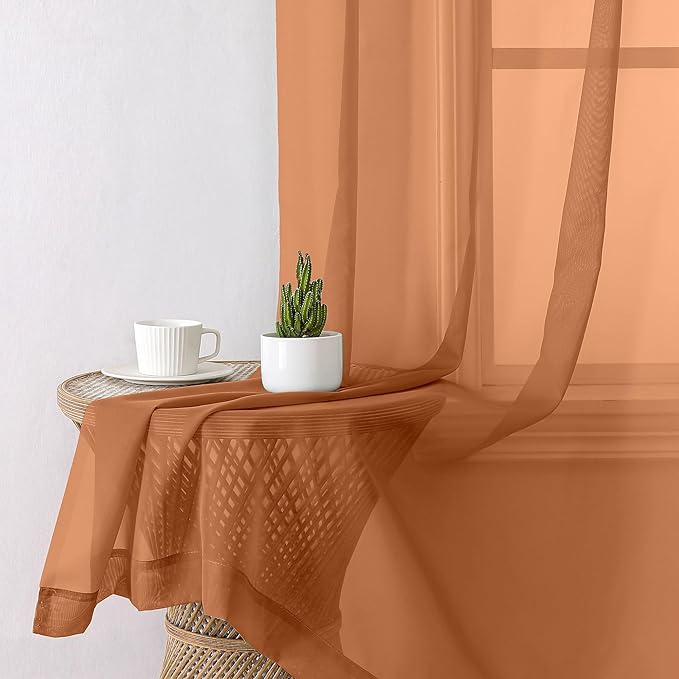 Aiyufeng Orange Sheer Curtains 45 inches Long, Short Kitchen Window Treatment Solid Sheers Cafe Curtains Bathroom Voile Half Window Curtains 2 Panels, Rod Pocket, 42" Wx45 L