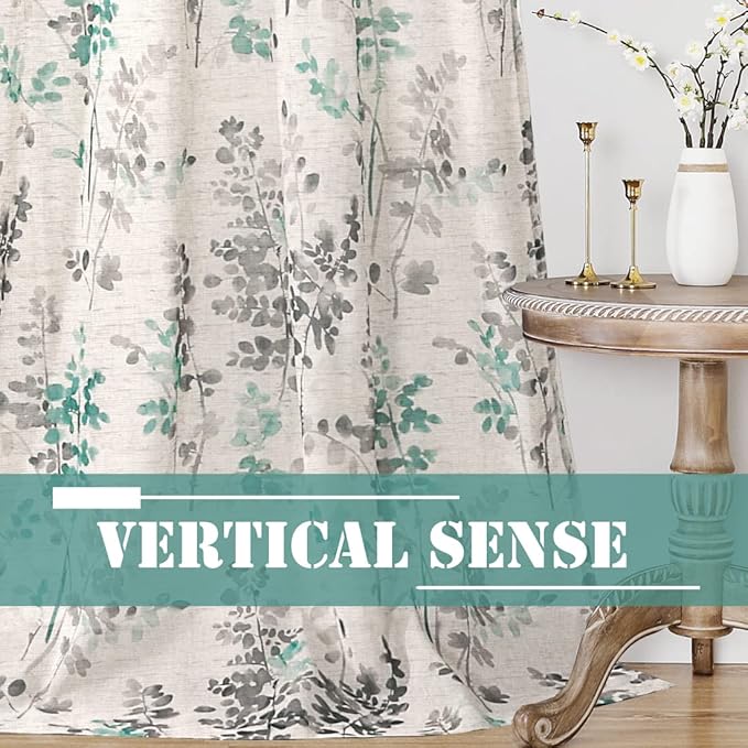 H.VERSAILTEX Linen Sheer Curtains for Living Room Sheer Panels 84 Inches Long Light Filtering Tab Top Window Treatment Drapes for Bedroom, 2 Panels, Vintage Classical Floral Print Turquoise and Taupe